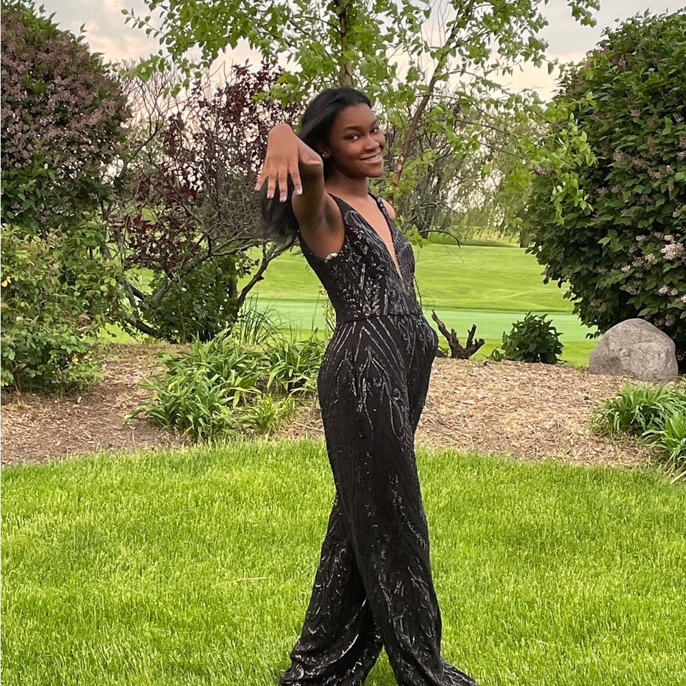 David’s bridal black sequences wide pant leg jumpsuit.